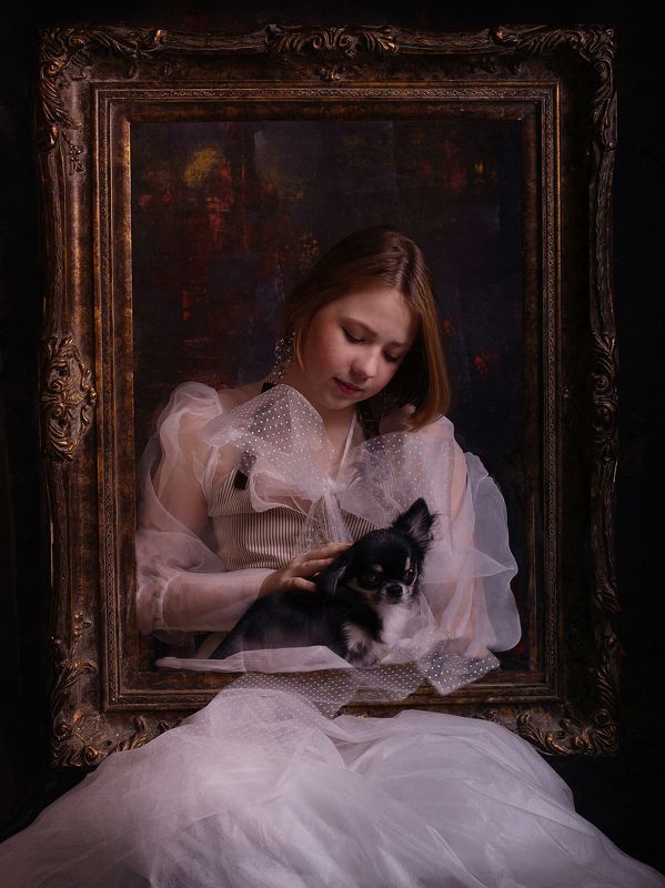 постановка цветная фотография детский портрет Рама , пес и портретphoto preview