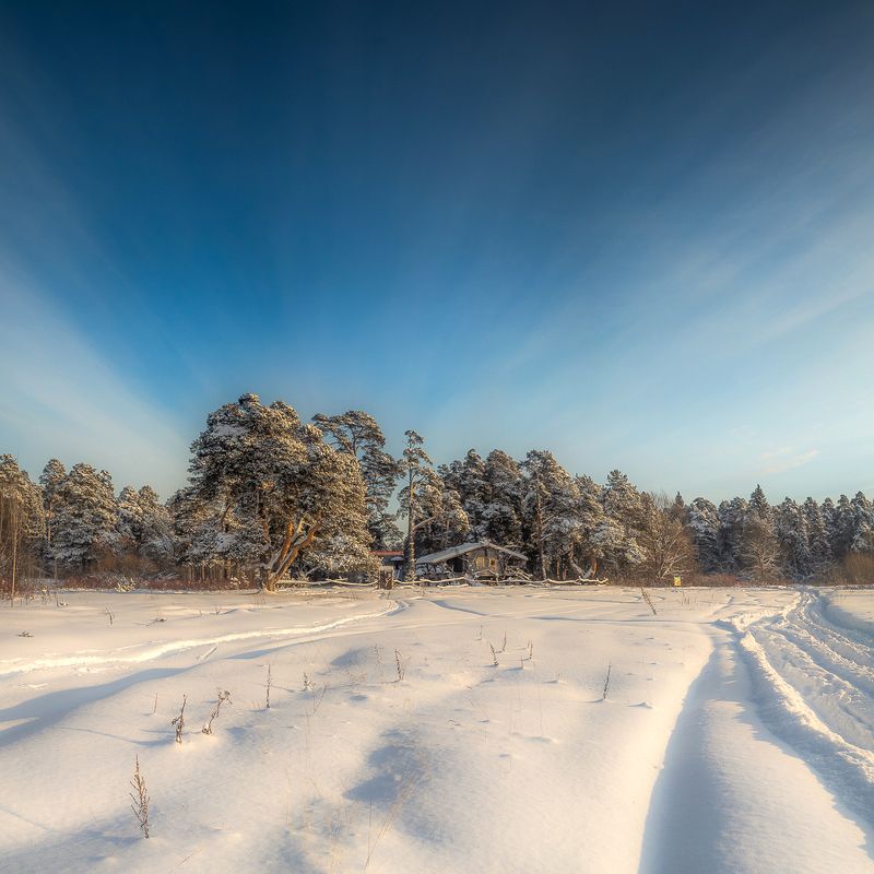 январь, зима, снег, поле, дорога, избушка, изба, деревня, холодно, тропинка, небо, облака, солнце, полдень, ель, сосна, киров, вятка, парк, прогулка, сказка Январьphoto preview