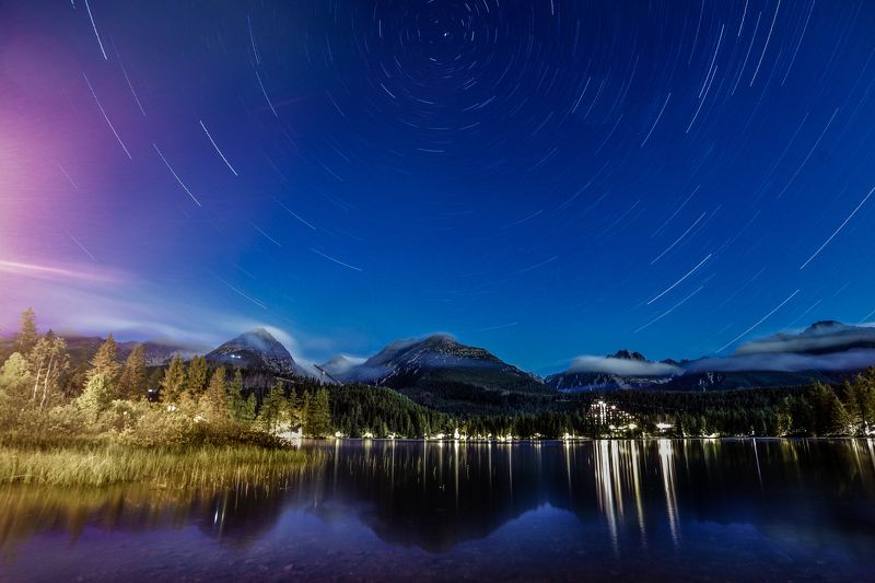 словакия, горы, татры, штребське плесо, озеро, ночь, звездные треки, звезды, пейзаж photo preview