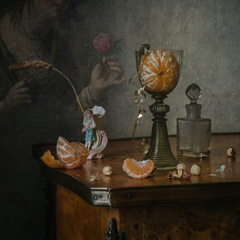 натюрморт, стекло, бокал, рёмер, мандарин, роза Про мандарин и розуphoto preview