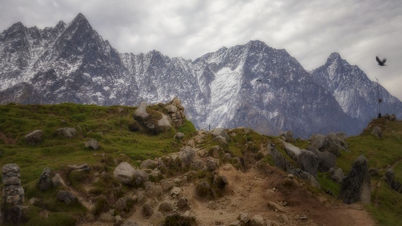 пейзаж, горы, индия, природа, гималаи, красота, птицы, облачно, в горах В Гималаях по пути на плато Триунд.photo preview