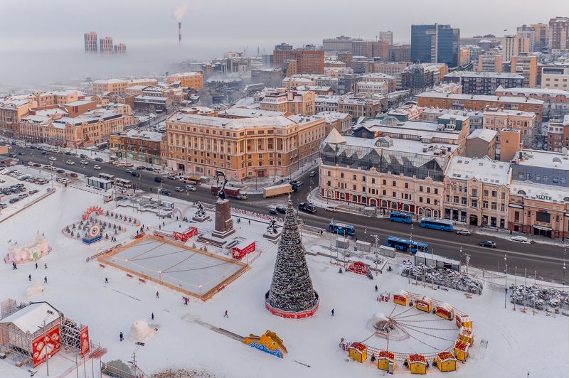 зима, снег, город, владивосток, приморье, утро, рассвет, дороги, автомобили, архитектура На рассветеphoto preview