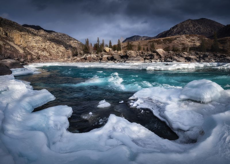алтай, горный алтай, зимний алтай, алтайская зима, онгудайский район, январь, зима, горная река, катунь, ильгуменский порог, течение, речной порог, горы, лёд Время контрастовphoto preview