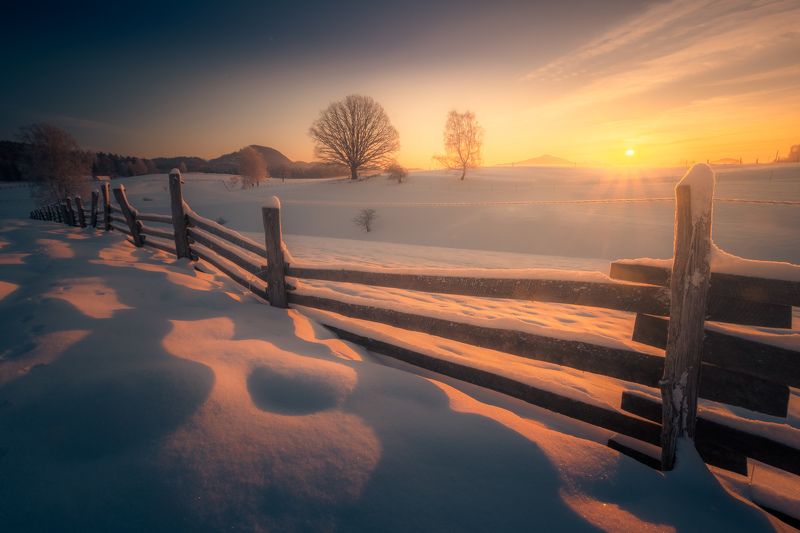 Sunrise, landscape, winter, snow, sun, light, nature, czech republic, bohemian switzerland,  Winter sunrise in meadowsphoto preview