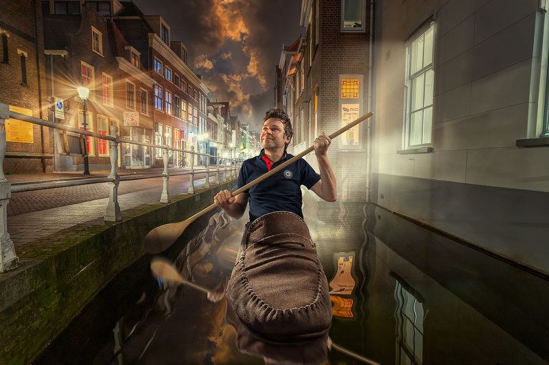 нидерланды, канал, мужчина, ботинок, ночь, ложка Голландский гондольер фото превью