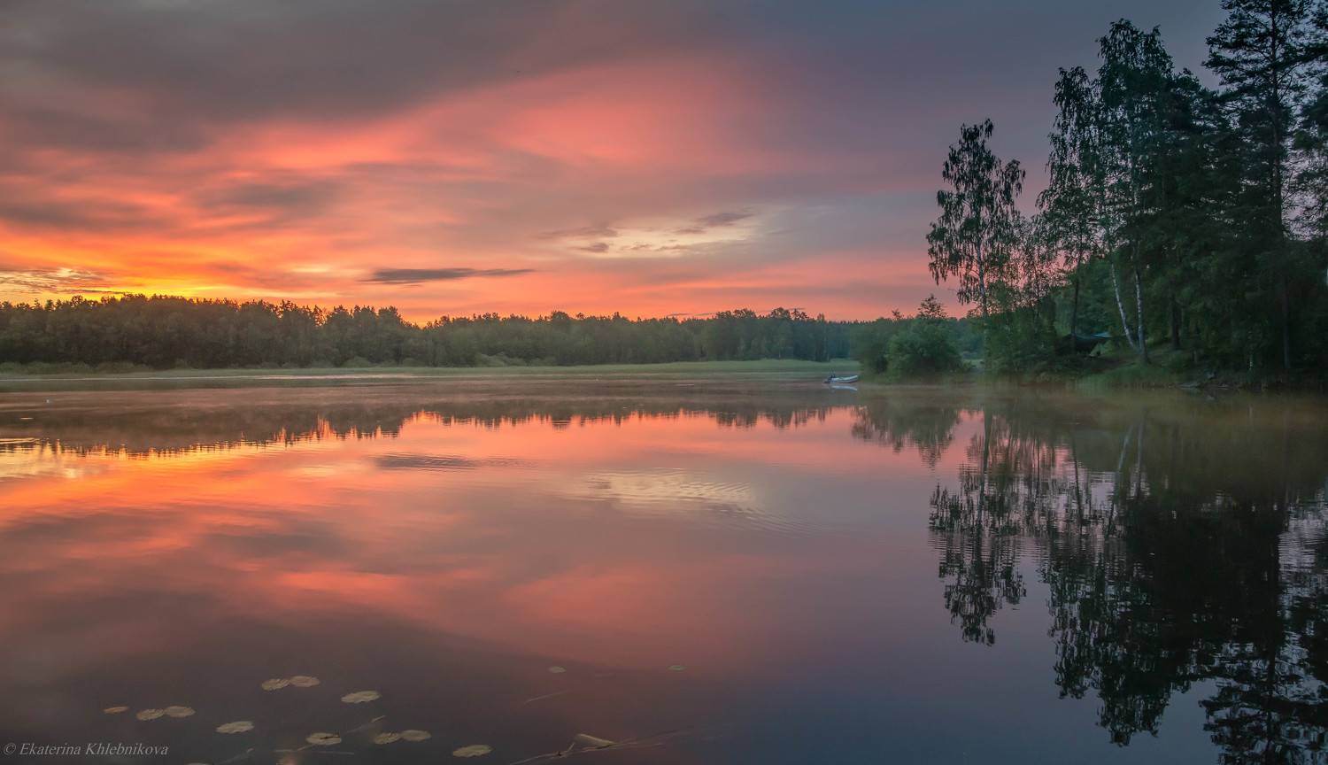 пейзаж, закат, лето, озеро, вода, отражение, небо, облака, красота, природа, Ekaterina Khlebnikova