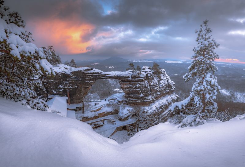 Sunset, landscape, winter, snow, sun, light, nature, czech republic, bohemian  Pravčická gatephoto preview