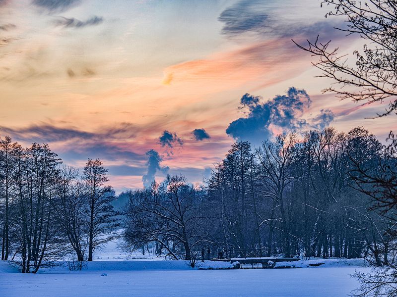 зима, вечер, снег, закат февральские сумеркиphoto preview