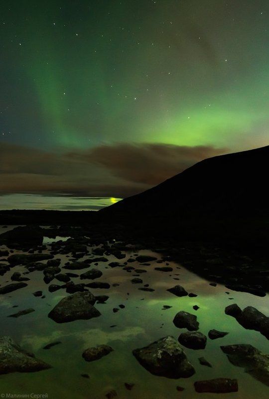 Khibiny, Kola Peninsula, Mountains, Кольский, Малая белая, Ночь, Озеро, Северное сияние, Хибины Зеленые грозыphoto preview
