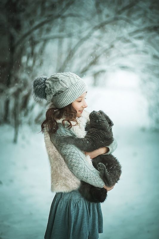 кот, кошка, снег, зима, девочка, портрет, ***photo preview