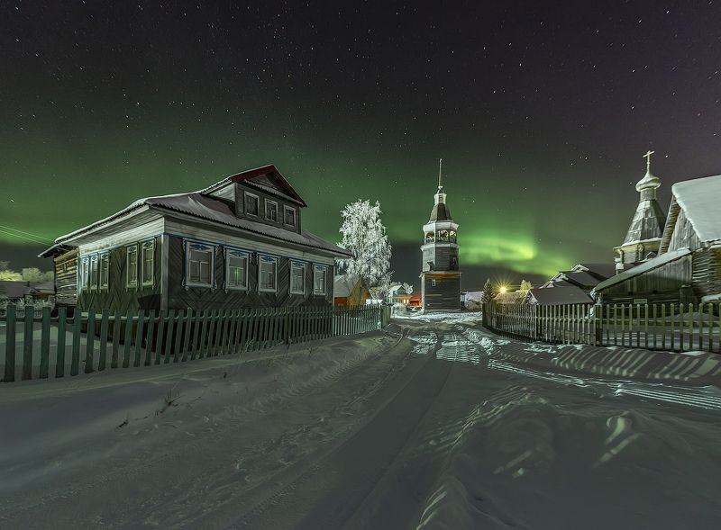 архангельская обасть, ночное фото, деревня, русский север, северное сияние Конецдворьеphoto preview