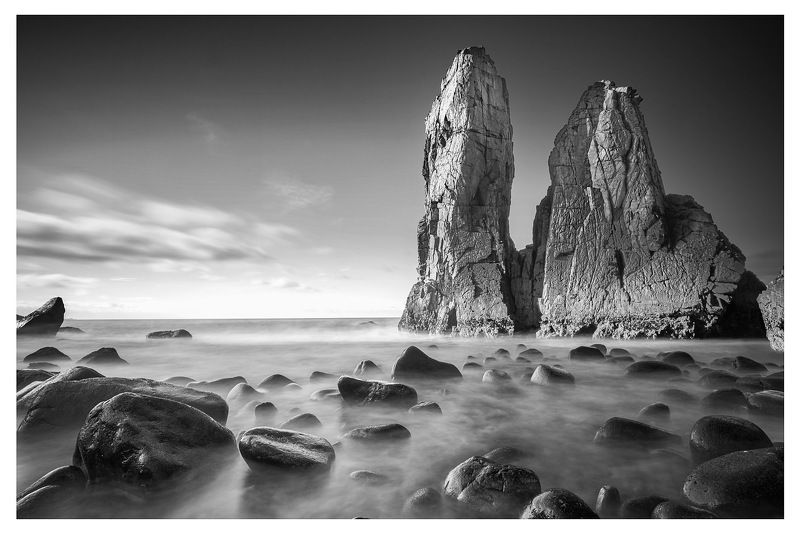 Portugal ocean long exposure rocks black&white cabo roca Lourical Beach photo preview
