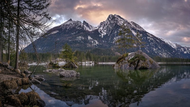 озеро, горы, острова, облака, небо, восход, hintersee Горное озероphoto preview