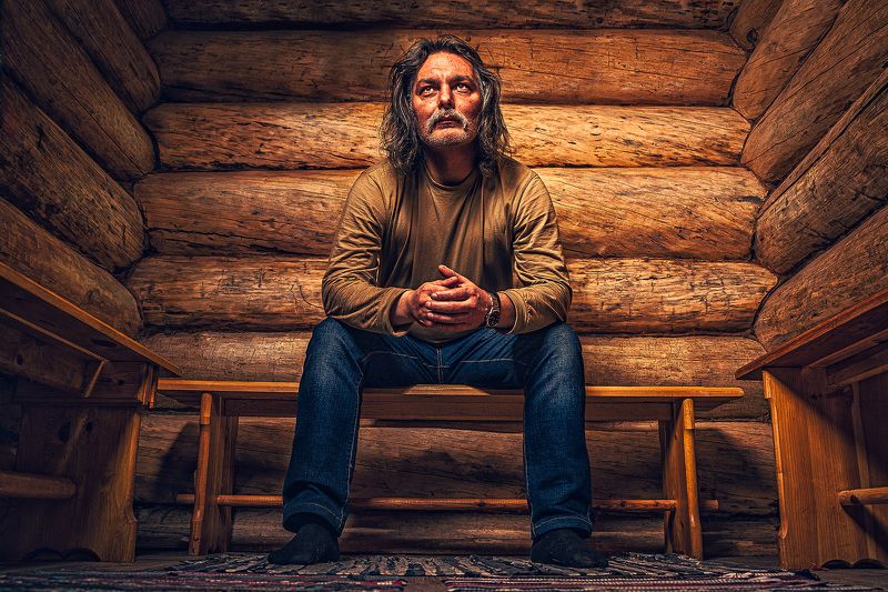 сруб, портрет, мужчина, баня, деревня Старый солдат фото превью