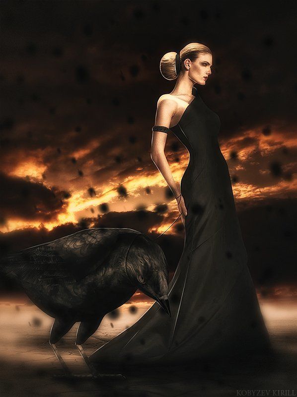 Ворон, Ворона, Девушка, Дождь, Коллаж, Модель, Фотошоп, Чёрное платье Воронphoto preview