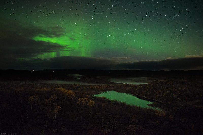 Aurora borealis, Autumn, Kola Bay, Kola Peninsula, Lake, Night, Stars, Заполярье, Кольский, Ночь, Осень, Северное сияние В зеленом океане мерцающих звезд...photo preview