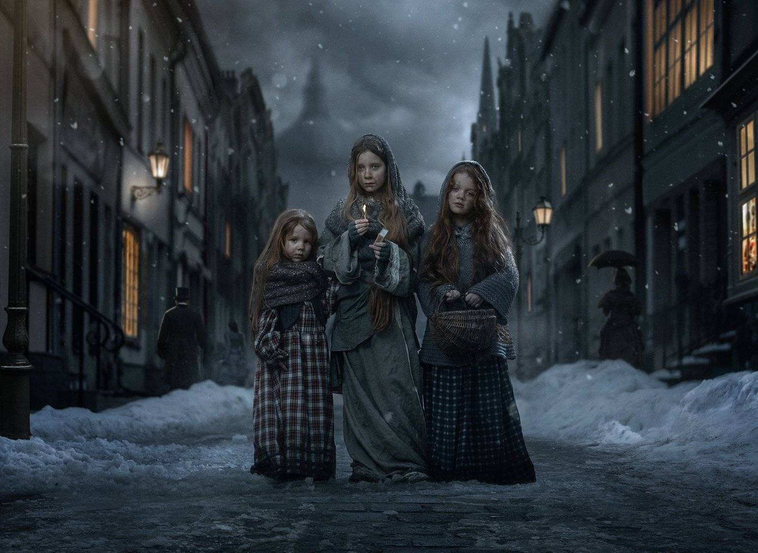 dark,mood,portrait,girls,little,match,night,snow,cold,freeze,fairy,tale,old,victorian,city,town,street,three,dirty,fairy tale, Przemyslaw Koch