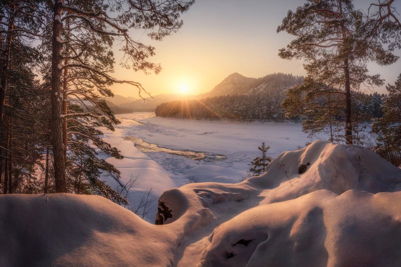 алтай, горный алтай, манжерок, майминский район, катунь, нижняя катунь, скованная льдом, снежный пейзаж, зимний закат, февраль, зима, горы, сосны, сугробы, золотой час Золотые сугробыphoto preview