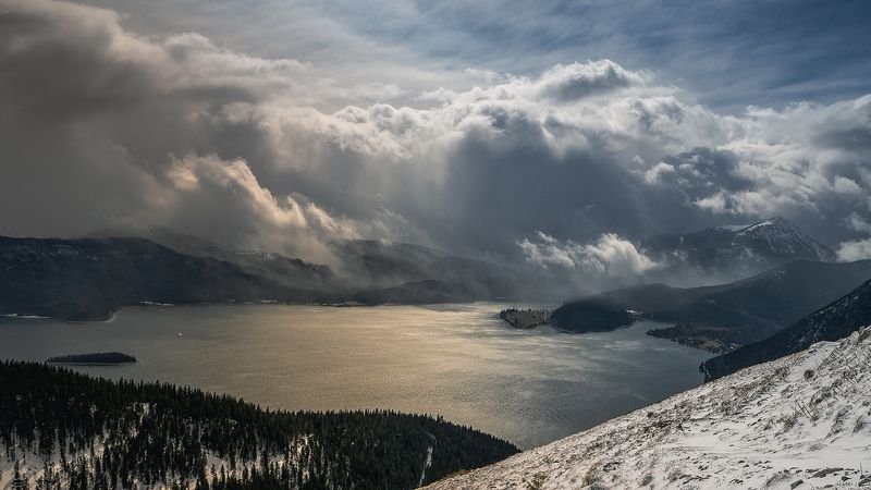 погода, смена погоды, горы, облака, небо, альпы, озеро, ветер, снег, непогода на смене погодыphoto preview