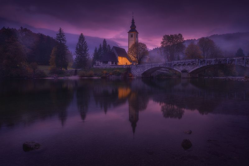 bohinj, slovenia, landscape, reflection, lake, church, fog, mist bohinj photo preview