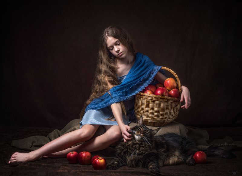 женский портрет, девушка с котом, фото под картину,  Девушка с котомphoto preview