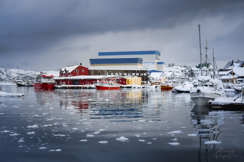 lofoten, norway, norge, cold, winter, ice, water, mirror, boats, fishing Отражение со льдомphoto preview