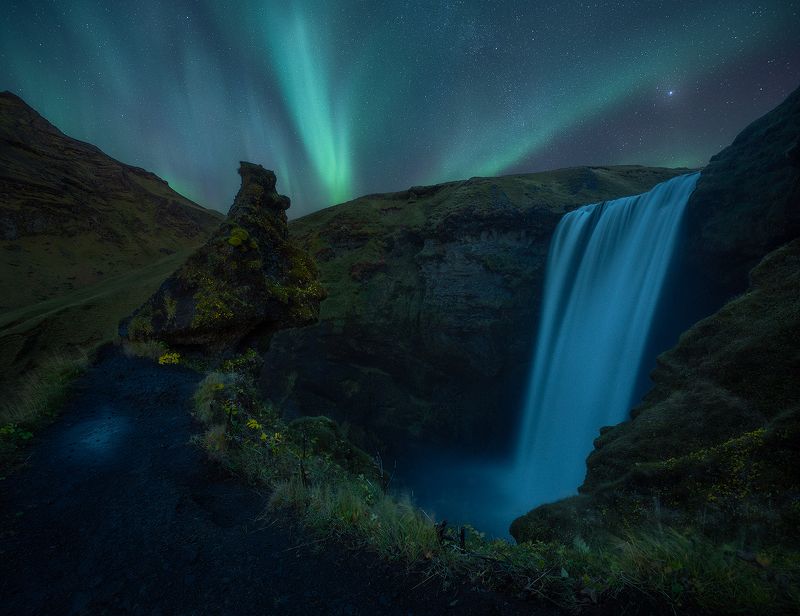 skogafoss, iceland, night, aurora, borealis, landscape, waterfall  skogafossphoto preview