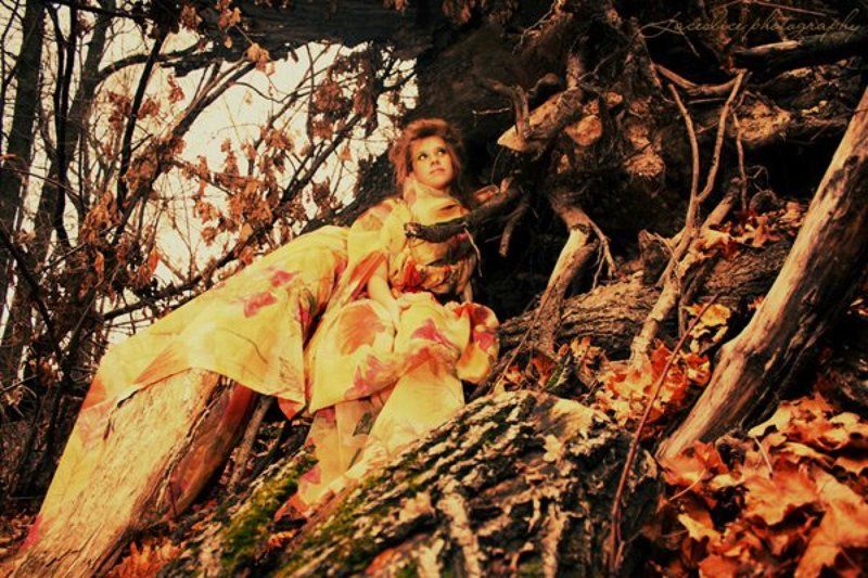 нимфа, осень, зелёный, жёлтый, оранжевый, красный, взгляд, улыбка, девушка Wood Fairyphoto preview