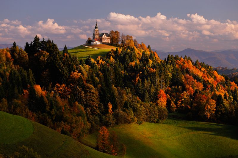 autumn, church, tree, forest, mountain, slovenia, cloud, light, sunset Renovationphoto preview