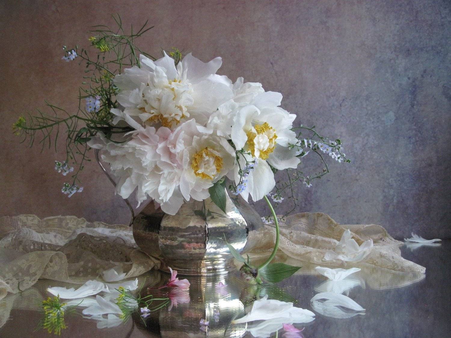 цветы, букет, пионы, незабудки, кувшин, салфетка, винтаж, Наталия Тихомирова