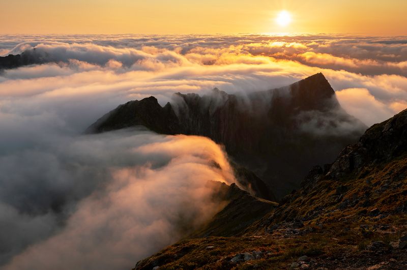 Senja, Norway, Sun, Midnight, Clouds, Fog, Mountains Небесный океанphoto preview