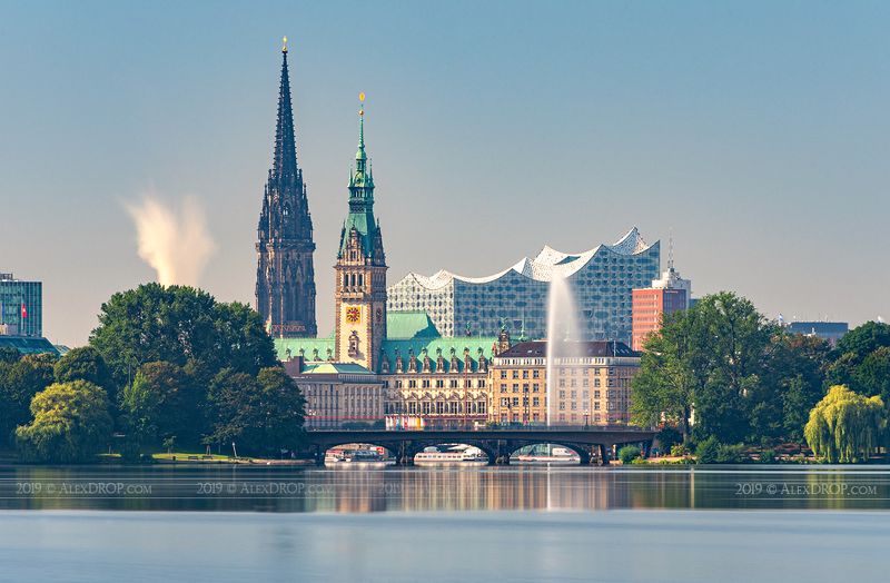 nikon, color, postcard, picturesque, landmark, europe, germany, hamburg, travel, urban, architecture, iconic, tower, lake Hamburg City center skyline over Aussen-Alster in golden hourphoto preview