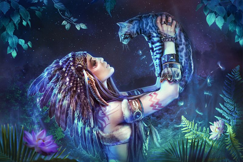 девушка, кошка. индеец, арт photo preview