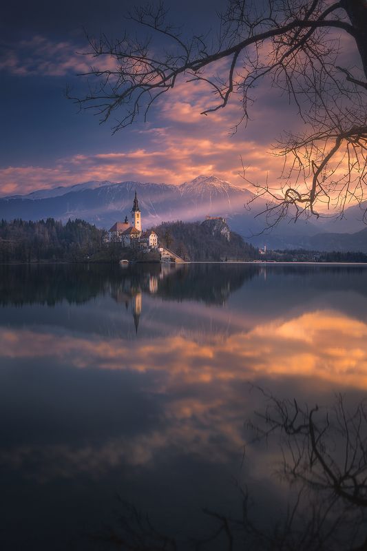 bled, slovenija, slovenia, landscape, sunrise,clouds, sky, reflection, lake, church  bledphoto preview