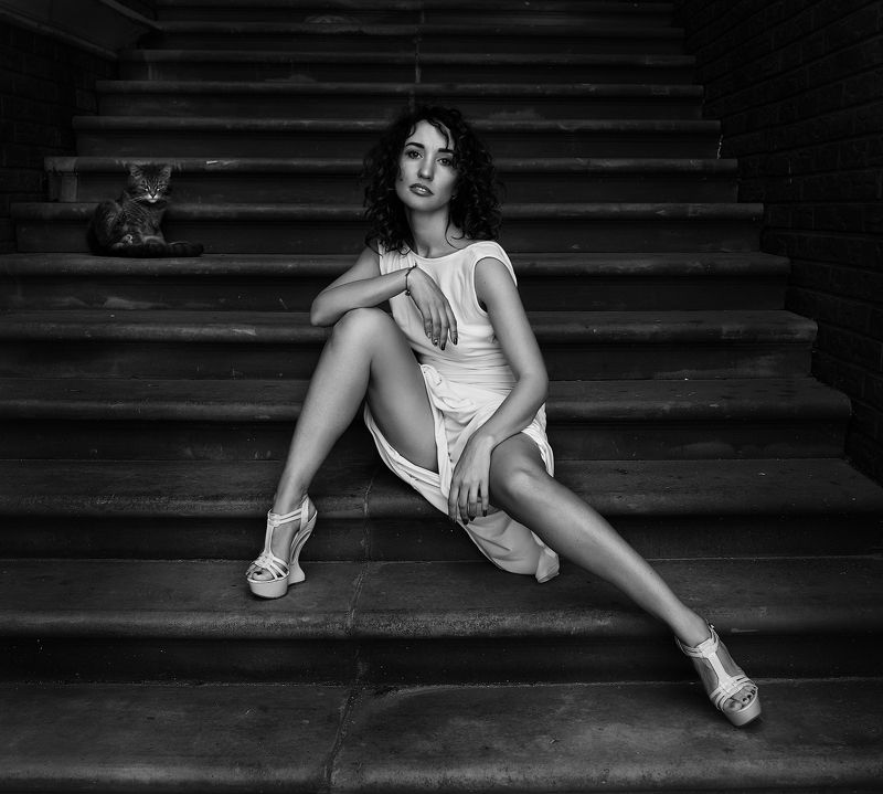 портрет, девушка, черно-белое, улица, взгляд,  Девушка и котphoto preview