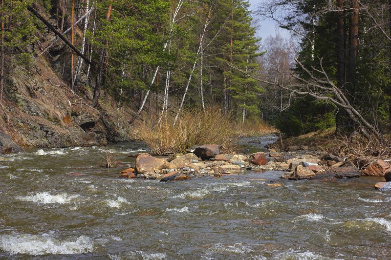 весна, горная река, пейзаж, республика башкортостан, южный урал, река нура, скалы, камни, лес Веснаphoto preview
