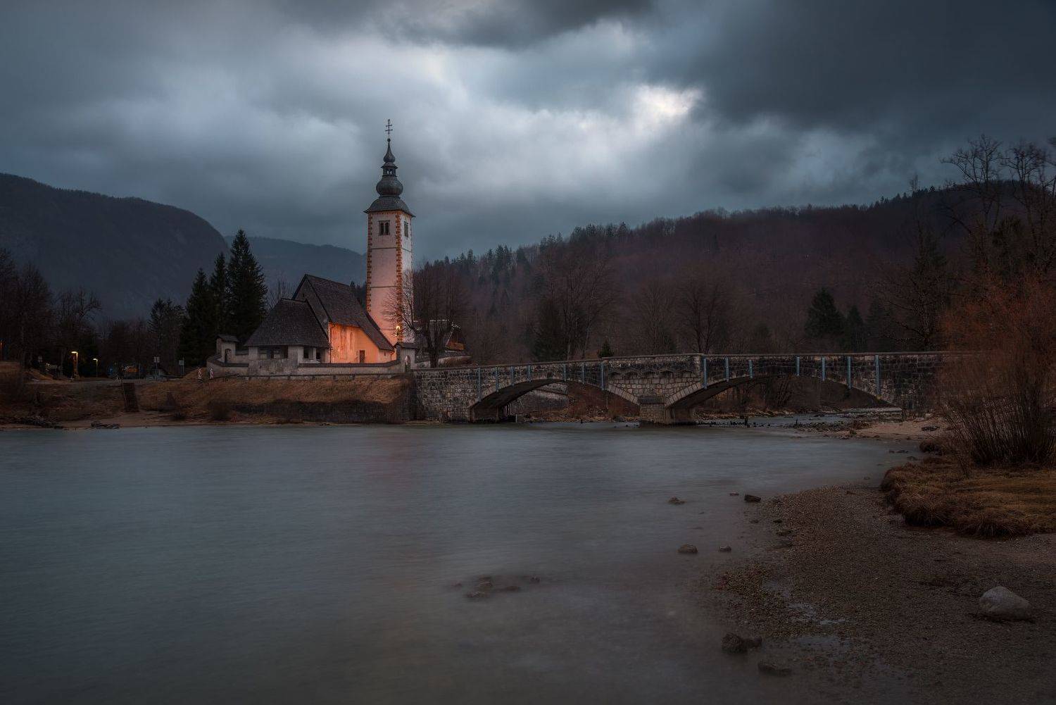 церковь, мост, озеро, Бохинь, Словения, облака, вода, Cтанислав Малых