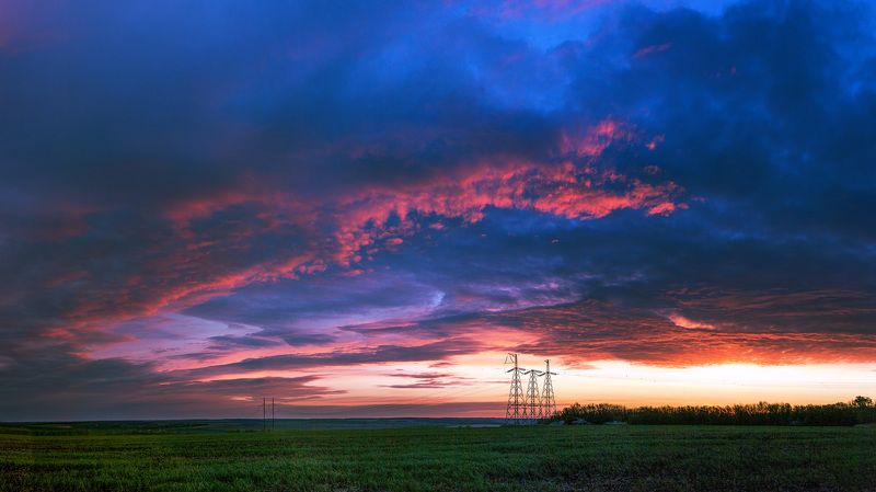 пейзаж, рассвет, весна, май, landscape, power lines, лэп Through power lines фото превью
