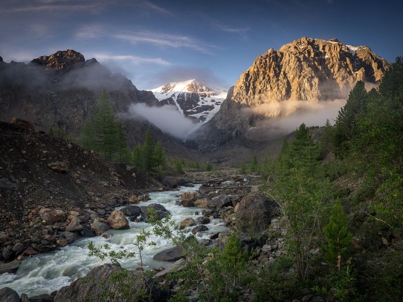 горный алтай, актру, пейзаж, горы, северо-чуйский хребет Летнее утро на р. Актруphoto preview
