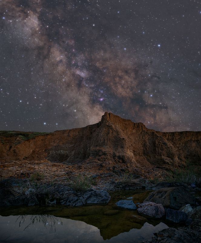 млечный путь, звезды, космос, ночь, длинная выдержка, canon, пейзаж, туманность, каньон, весна, река, вода, трава, камни, скалы, отражение Скала под покровом небаphoto preview