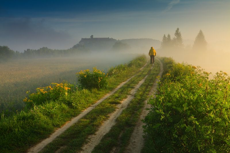 poland, tyniec, golden hour, summer, yellow, flowers, meadow, abby, sunrise,  cyclist, tranquility, solitary, outdoor, lesser poland, monastery, heritage, europe, mist, fog, quiet, calm, natural light, krakow, польша, монастырь, утро, лето, краков, тынец Road to Tyniecphoto preview