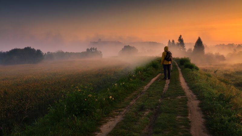poland, tyniec, dawn, summer, yellow, meadow, abby, sunrise, cyclist, tranquility, solitary, outdoor, lesser poland, monastery, heritage, europe, mist, fog, quiet, calm,mood, krakow, польша, монастырь, лето, sky, wanderer, краков, тынец, Distant Monasteryphoto preview
