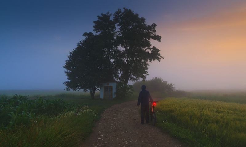 poland, field, summer, cyclist, tranquility, solitary, outdoor, lesser poland, chapel, heritage, europe, mist, fog, quiet, calm, shrine, польша, лето, meadow, mood, tree, rural, plain, sky, alone, road Mystery of Village Shrinephoto preview