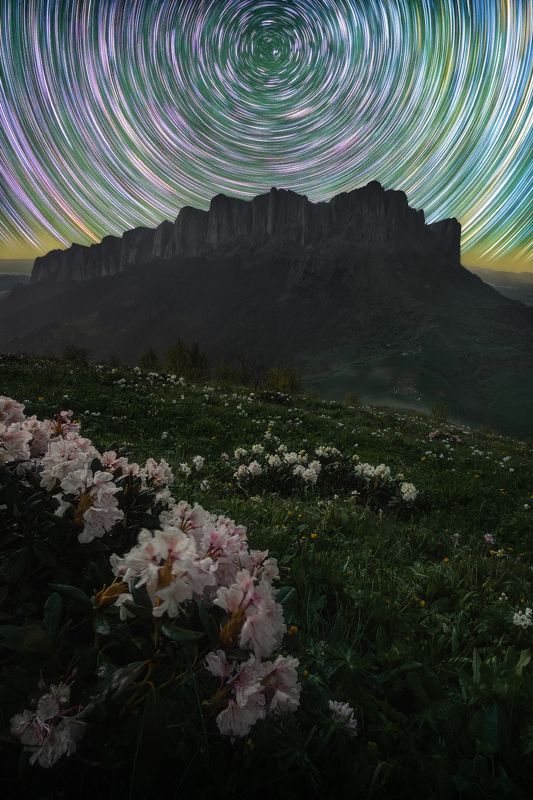 звезды, большой тхач, кавказ, адыгея, весна, рододендрон, астро, ночь, звездные треки, треки, startrail, startrails Вечность. Вселенная. Кольца спиралиphoto preview