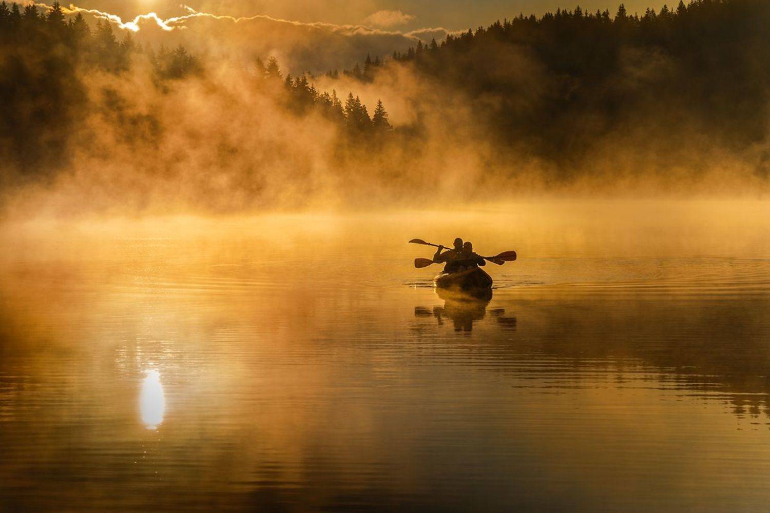 landscape nature scenery summer sunrise morning dawn lake reflection fog foggy mist misty boat sun clouds mountain trees пейзаж рассвет горы озеро, Александър Александров