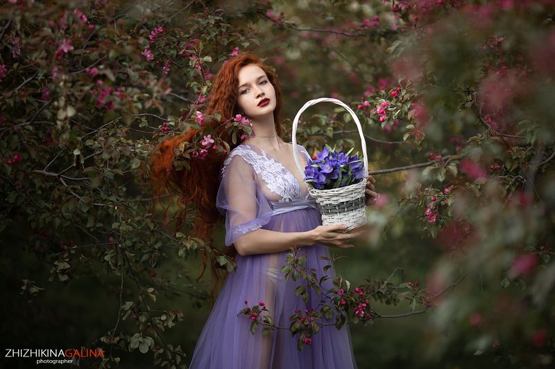 девушка, цветы, цветение, рыжая, длинные волосы, портрет, лицо, природа, girl, face, portrait, flowers Корзина цветовphoto preview