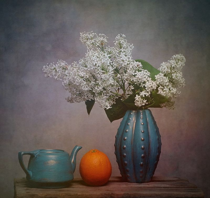 bzy, kwiaty, bukiet, pomarańcza, dzbanek, niebieski,  bzy i pomarańczaphoto preview