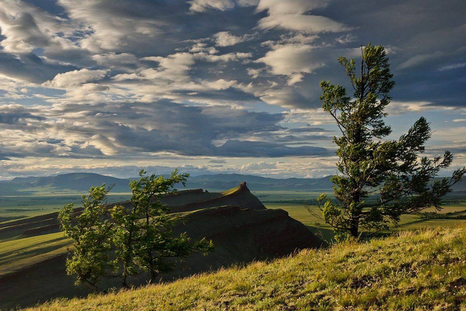 Ветер рвал облака над Сундуками.... Автор: Дмитрий Антипов большой, ветер, вечер, высокий, голубой, горизонт, горы, далекий, дерево, долина, дымка, желтый, зеленый, облака, пейзаж, природа, серый, сибирь, синий, скалы, степь, сундуки, хакасия, Дмитрий Антипов