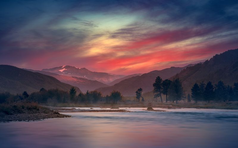 пейзаж, природа, закат, вечер, река, речка, облака, небо, горы, степь, самаха, деревья, вода, отражения, красный, алтай Коксуphoto preview