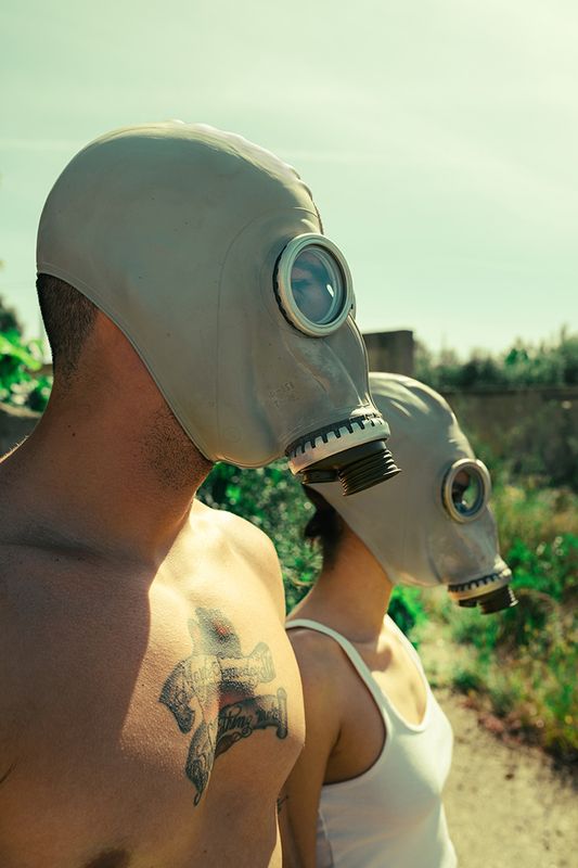 natural light, mask, world beyond, catastrophe, man, woman, gas mask, abandoned, factory, portrait, fashion, fashion project, conceptual project The World Beyondphoto preview